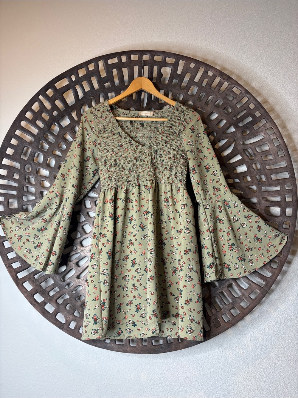 Smocked V-Neck Bell Sleeve Mini Dress - Sage Floral